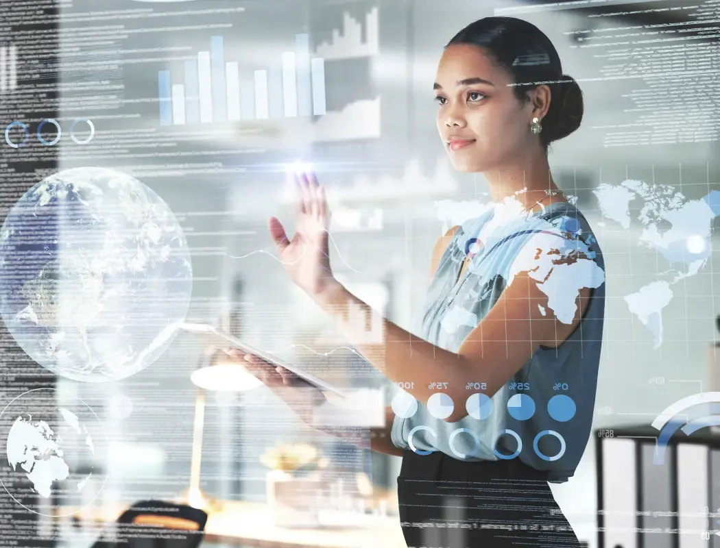Asian woman touching interactive dashboards on a high-tech screen.