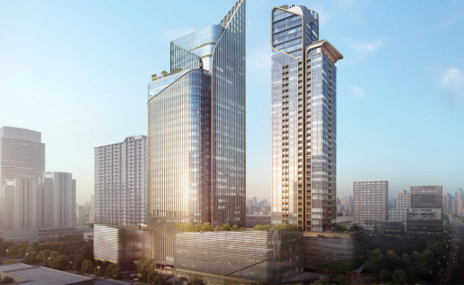 Modern glass skyscrapers with sleek designs rise above an urban cityscape.